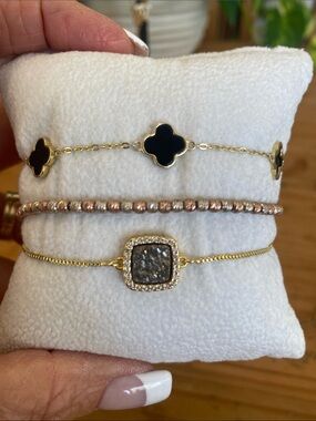Gold Bracelet Set with Black Clover and Pave Stone Accents